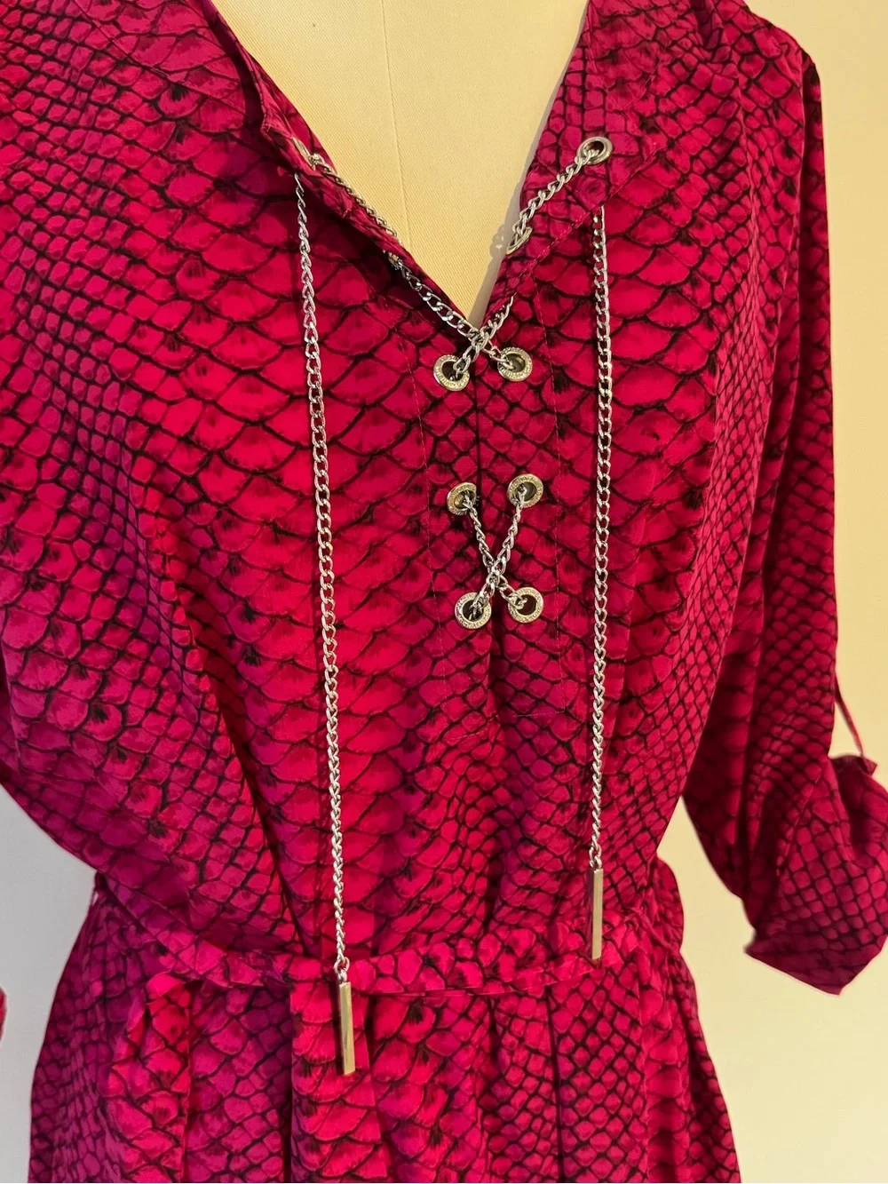 Michael Kors Pink Magenta Snake Print Tie Neck Dress Roll Tab Sleeves Size L